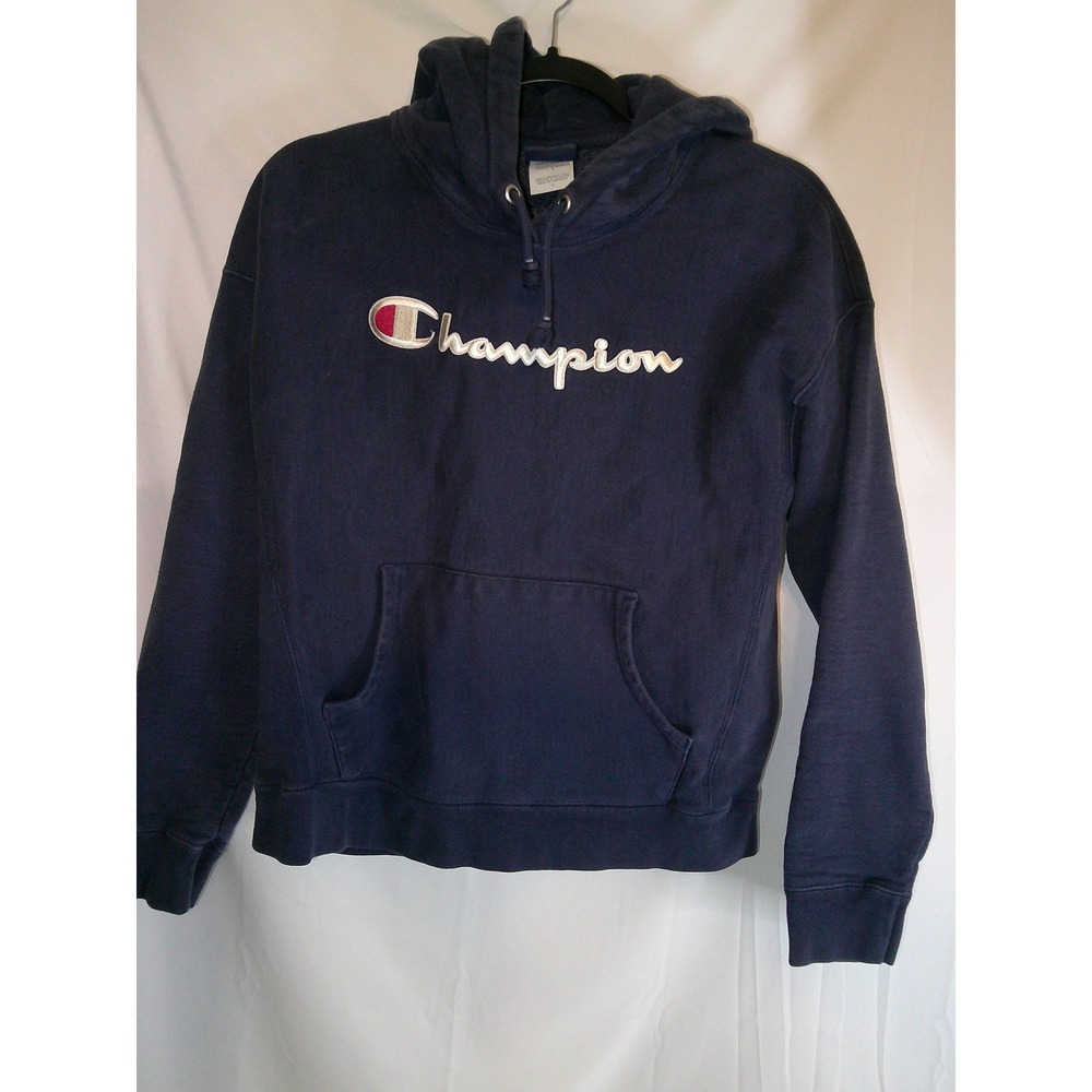 VTG‎ Champion Reverse Weave Spellout Navy Blue Mens Large Hooded Sweatshirt